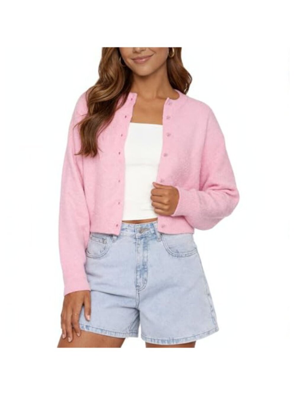 Cropped Cardigan Women Long Sleeve Button Down Knit Sweater Open Front